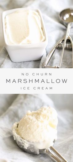 no churn marshmallow ice cream in a white bowl with spoons next to it