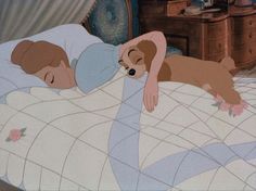 an animated image of two people sleeping on a bed with a dog laying next to them