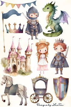 watercolor illustrations of princesses and knight's