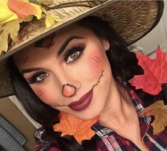 Scarecrow Make Up Ideas For Halloween, Homemade Scarecrow Costume Women, Fall Festival Costume Ideas, Cute Scarecrow Makeup For Women, Female Scarecrow Makeup, Scarecrow Womens Costume, Pretty Scarecrow Makeup, Scarecrow Halloween Costume For Women, Scarecrow Costume Women Makeup