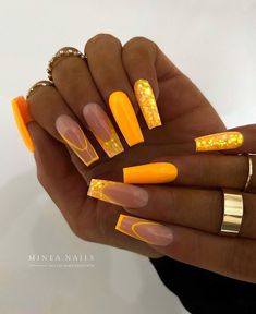 Neon Orange Nails, Neon Acrylic Nails, Peach Nails, Simple Gel Nails, Bright Nails, Tip Nails, Neon Nails, Orange Nails, Yellow Nails