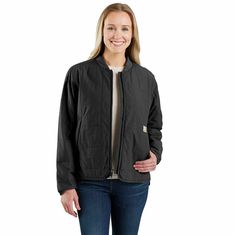 Keep working through cool, drizzly weather in this women's quilted jacket. Insulated for warmth and made with water-repellent technology that shrugs off light rain. Sherpa fleece in the upper body adds comfort, and side vents let the air in. A loose fit offers plenty of room to move. Features3-ounce, 100% nylonRain Defender® durable water repellent (DWR) makes rain bead up and roll offSherpa lining for extra warmth in upper body60g polyester insulationRibbed collarVented side hemDroptail hemSecu Canvas Work Pants, Plus Size Workwear, Sherpa Lined Jacket, Work Pants Women, Carhartt Jackets, Womens Quilted Jacket, Keep Working, Carhartt Womens, Carhartt Women