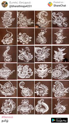 many different images of flowers and leaves drawn on paper