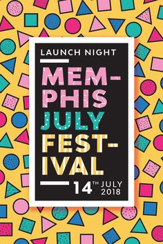 a poster for the men's july festival in front of a yellow background with colorful shapes