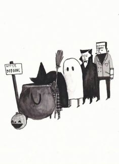 a black and white drawing of people dressed in halloween costumes