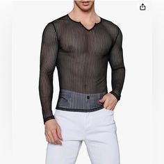 Men's Sheer Mesh See Through Notched V Neck Long Sleeve T Shirt Party Tops Color Black New Condition!!! Black Stretch V-neck Shirt, Black V-neck Party Shirt, Sheer Shirt Men, Mans Clothes, Light Blue Turtleneck, Long Skirt Casual, Blouse Man, Lycra Men, Sheer Shirt