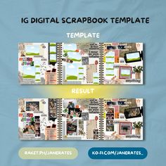 two page layouts for a digital scrapbook with images and text on them, one is