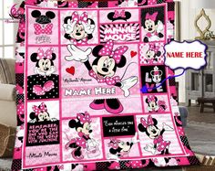 a blanket with minnie mouses on it is shown in pink and black, while the name