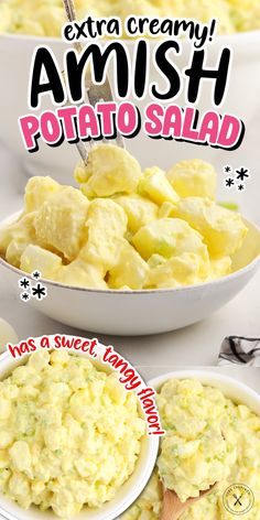 potato salad with extra creamy amish potatoes in the background and text overlay that says potato salad