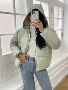 How To Style Green Puffer Jacket, Mint Green Puffer Jacket Outfit, Mint Puffer Jacket Outfit, Sage Green Puffer Jacket Outfit, Light Green Puffer Jacket Outfit, Green Jacket Outfit Winter, Light Green Jacket Outfit, Mint Green Jacket Outfit, Mint Jacket Outfit