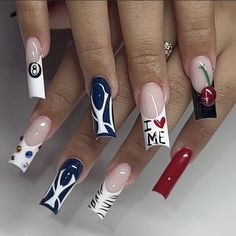 ig: acrylicsbyfatima 2pac Nails, Ny Nails Design, Yankee Nails, Dodgers Nails, Blue Y2k Nails, I Love Me Nails, Yankees Nails, New York Nails, Navy Nails