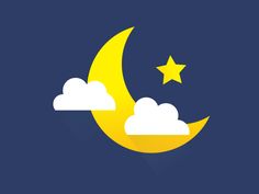 the moon and stars are in the sky with clouds around it, as well as some yellow stars