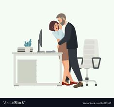 a man and woman are hugging in front of a computer desk with an office chair