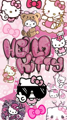 an image of hello kitty wallpapers on a pink background with hello kitty characters