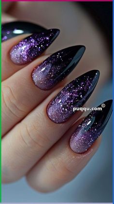 Purple Black Nail Art, Nails For Prom Purple, Black And Purple Glitter Nails, Dark Purple Sparkly Nails, Dark Purple And Silver Nails, Purple And Black Nail Ideas, Purple Manicure Ideas, Elegant Purple Nails, Nails Inspiration Purple