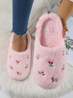 Cherry Core, House Slippers Womens, Shoe House, Flower Slippers, Fluffy Shoes, Cozy Slippers, Pink Preppy