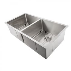 36" Undermount Double Bowl Kitchen Sink with Industrial Grade Stainless Steel, Utility Rack, Basket Strainer, Microfiber Cloth, and Limited Warranty. Offers the most efficient washing experience. Ensures durability and longevity. Extra deep for high capacity. Maximum room for any size wash job. Creased accent lines. Basin sloping. Eliminates free standing water 3 times faster than other brands. Silences sound to create a quieter work space. Basket strainer and microfiber cloth included. Utility Stainless Steel Double Bowl Kitchen Sink, Double Bowl Kitchen Sink, Designer Kitchen, Double Bowl Sink, Bowl Kitchen Sink, Steel Kitchen Sink, Double Basin, Kitchen Needs, Bowl Sink