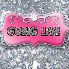 a pink sign that says going live with silver glitters on the bottom and sides