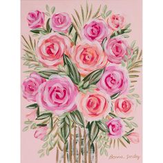 a painting of pink roses in a vase