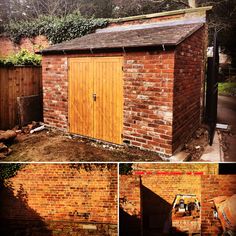 the side of a brick building with a horse in it's stall and another photo of an outhouse