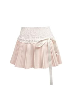 Lanie Pleated Lace Mini Skirt   Lanie is a delightful blend of femininity and elegance, designed to make you feel effortlessly graceful. This mini skirt features delicate lace detailing at the waist, adding a touch of romance to the classic pleated silhouette. The soft blush pink color, paired with the satin ribbon acc Short Pollera, Crop Pullover, Nature Dress, Blazer Suit Women, Corset Bustier, Simple Blouse, Elegant Skirt, Patchwork Dress, Summer Fabrics