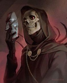 a skeleton holding a knife and wearing a hooded outfit with chains on it's neck