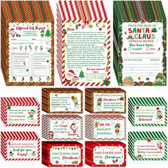 christmas party package with santa clause and candy canes on the front, red and green striped