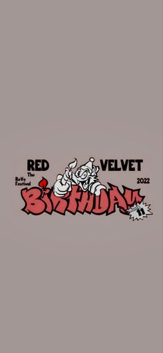 the red velvet birthday logo is shown on a gray background with black and white lettering