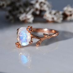 Dainty Natural Moonstone Leaf Ring, 2ct Oval Cut Twig Moonstone Ring, Rose Gold Ring Unique Curved Floral Ring Gold Ring Unique, Gold Moonstone Ring, Marquise Cut Rings, Alexandrite Ring, Semi Precious Gems, Floral Ring, Ring Rose Gold, Leaf Ring, Moonstone Jewelry