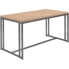 a wooden table with metal legs on a white background