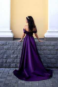 Purple evening and prom satin dress. This dress has a lace-up corset fits several sizes and skirt with a right leg slit and with train. Length of a train - 26 inches (65 sm). You can choose any color of the satin Neckline is off-the-shoulder. You can order a dress with a tulle veil. Shipping Free shipping Worldwide with UkrPoshta - 7-21 business days. Express shipping with UPS - 5-7 business days. Prom Dresses Princess, Prom Dress With Train, Highest Heels, Violet Wedding, Purple Wedding Dress, Purple Prom, Princess Prom Dresses, Dresses Princess, Purple Prom Dress