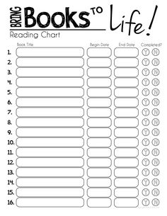 printable reading chart for kids with books to life written on the front and back