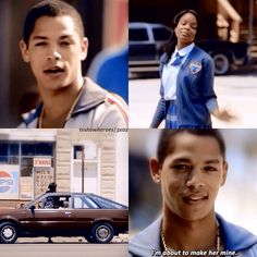 a collage of photos with two men and one woman in front of a car