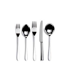 three forks, two spoons and one knife on a white surface