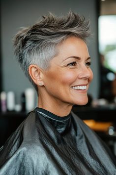 32. Smoky Gray Pixie with Spiky Top (Hairstyles For Women Over 50 With Thick Hair) - Hairstyles For Women Over 50 With Thick Hair Short And Sassy Haircut, Edgy Pixie Hairstyles, Gray Pixie, Sassy Hairstyles, Short Punk Hair, Short Spiky Haircuts, Grey Hair Over 50, Older Women's Hairstyles, Best Hairstyles For Women