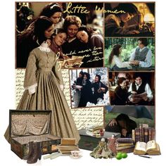 a collage of movies including books, pictures and an image of a woman in a dress