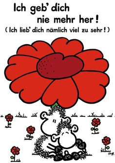 an image of a red flower with the words in german on it's side