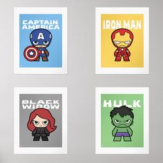 four different avengers posters are shown on a gray wall, each with an iron man and hulk