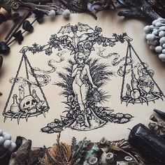 a drawing of a woman on a scale surrounded by skulls and other items that are scattered around her