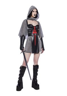 Fight Medieval crime with this costume set that includes a mini dress that has a mixed shimmery chainmail inspired mesh and vegan leather construction, an underwire bust, dome stud detailing on the sides and shoulder straps,a sword graphic on the front, Comes with a matching shimmery caped hood, a vegan leather belt, and matching gloves with stud details and thumbhole cuffs. Women Knight Costume, Androgynous Halloween Costumes, Knight Costume Women, Female Knight Costume, Women Viking Costume, Medieval Halloween Costumes, Fantasy Halloween Costumes, Maid Halloween Costume, Joan Of Arc Costume