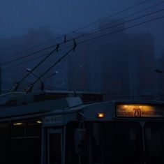 a city bus driving down the street in the rain at night with its lights on