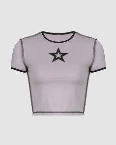 Details: Short-sleeve top with front star graphical designTop Length: CroppedSleeve Length: Short SleevesMaterials:95% Cotton + 5% Spandex Crew Neck Tops With Star Logo For Summer, Graphic Tee With Star Logo For Summer, Casual Summer Tops With Star Logo, Trendy Black Top With Star Patch, Trendy Star Print Tops For Streetwear, Trendy Fitted Tops With Star Print, Trendy Tops With Star Print For Streetwear, Fitted Star Print Tops For Streetwear, Fitted Y2k Tops With Star Print