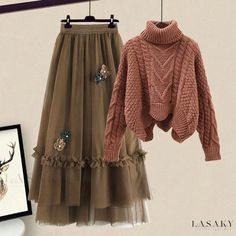 Lasaky - Stylish Winter Knitted Sweater with Tulle Midi Skirt - A Vintage Ensemble Winter Turtleneck Outfits, Turtleneck Outfits, Clothes Skirts, Brown Turtleneck Sweater, Khaki Sweater, Winter Turtleneck, Winter Knit Sweater, Loose Clothing, Tulle Midi Skirt