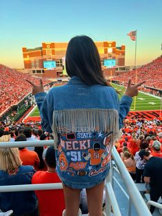 Custom Okstate Jacket Football Mom Outfit, College Gameday Outfits, Custom Jean Jacket, College Game Days, Painted Jacket, Game Day Outfit, Custom Jeans