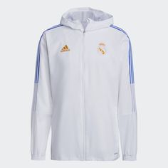 a white adidas jacket with orange and blue stripes