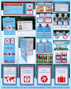 an airplane themed birthday party with blue and red decorations, cards, and envelopes