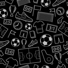 a black and white background with soccer related items