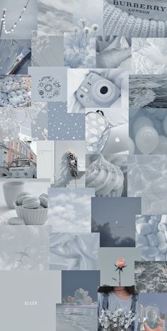 a collage of many different pictures with white and blue colors