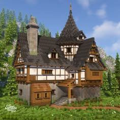 Download more builds like these on Patreon Tudor Style Minecraft House, Medivel Building Minecraft, Minecraft Roof Styles, Mideival Minecraft Builds, Plains House Minecraft, Minecraft Outpost Ideas, Minecraft Manor House, Minecraft Estate, Minecraft Tudor