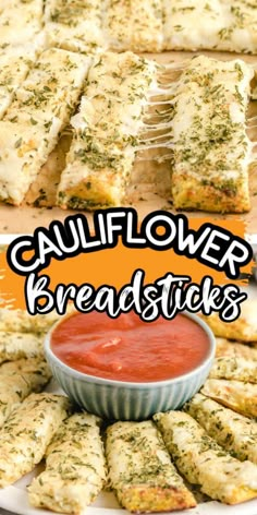 some breadsticks with sauce on them and the words cauliflower breadsticks